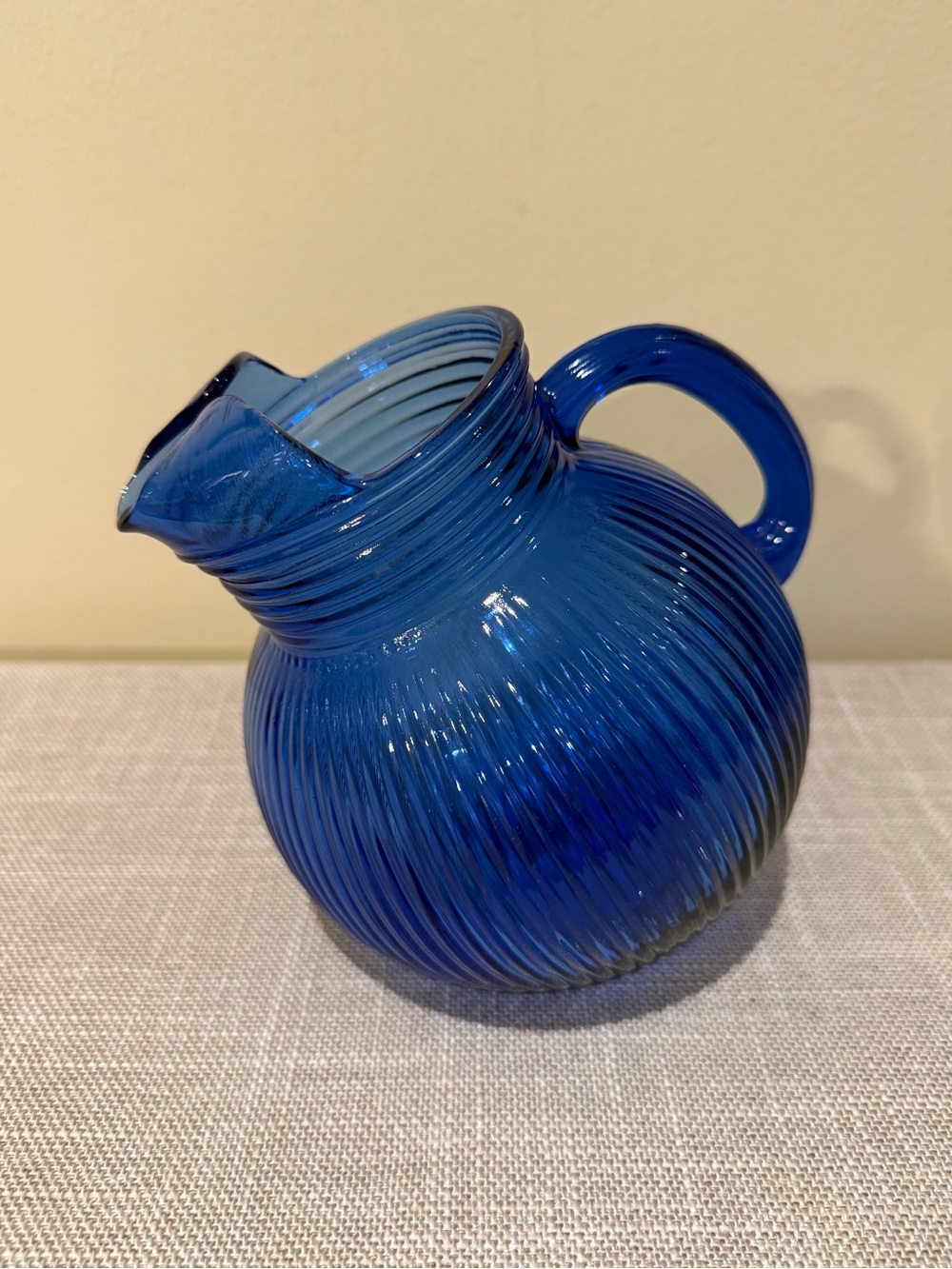 Vintage Cobalt Blue Ribbed Tilt Pitcher | Art Glass Ice Lip Ball Pitcher